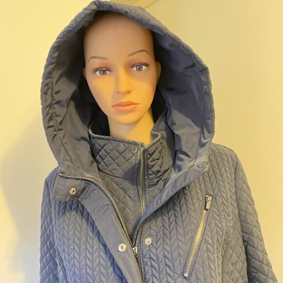 Liverpool Jacket Winter Trench Coat Quilted Hooded MidnightBlue Zip Snap Women L - Picture 7 of 10